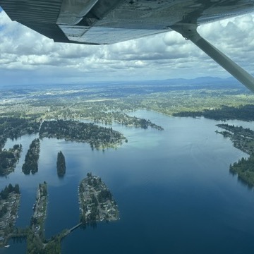 Aerial view of a Pacific Northwest lake with islands